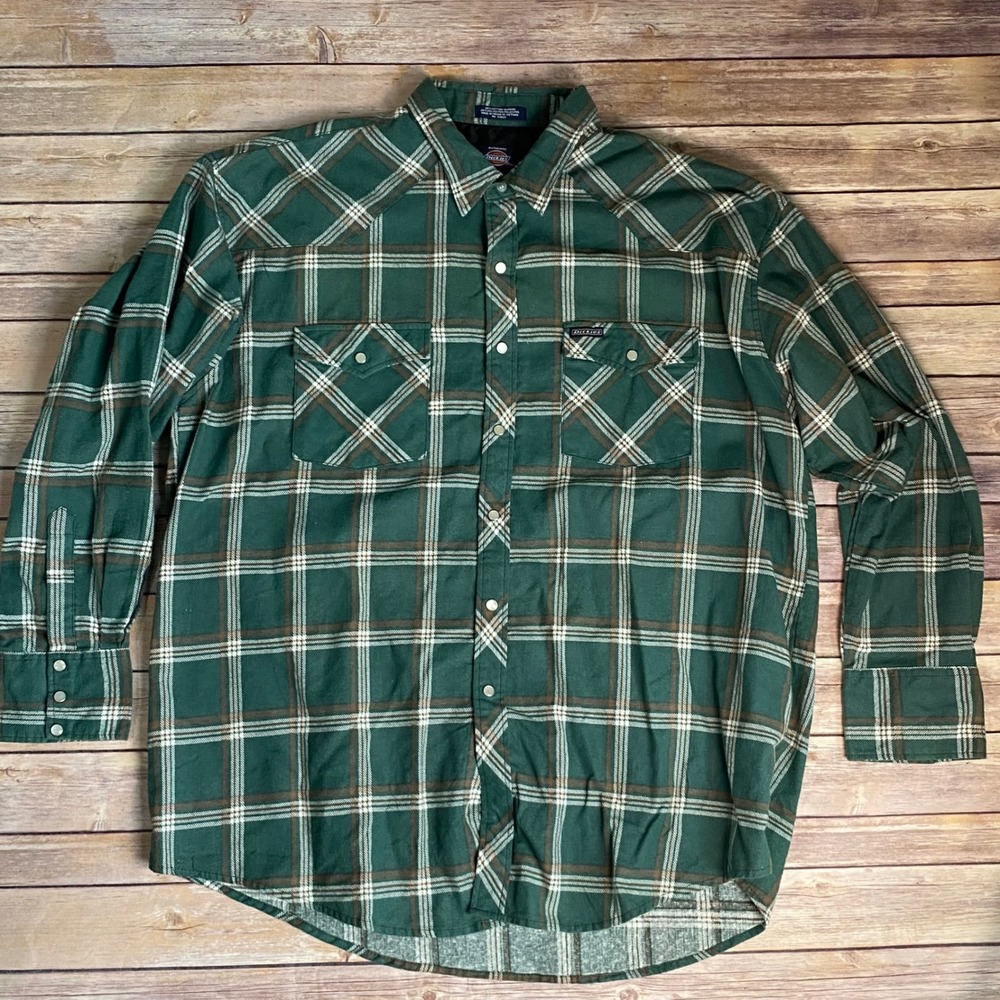Vintage Dickies Flannel Shirt Jacket Green Plaid Men's 2X Shacket Snap Butons